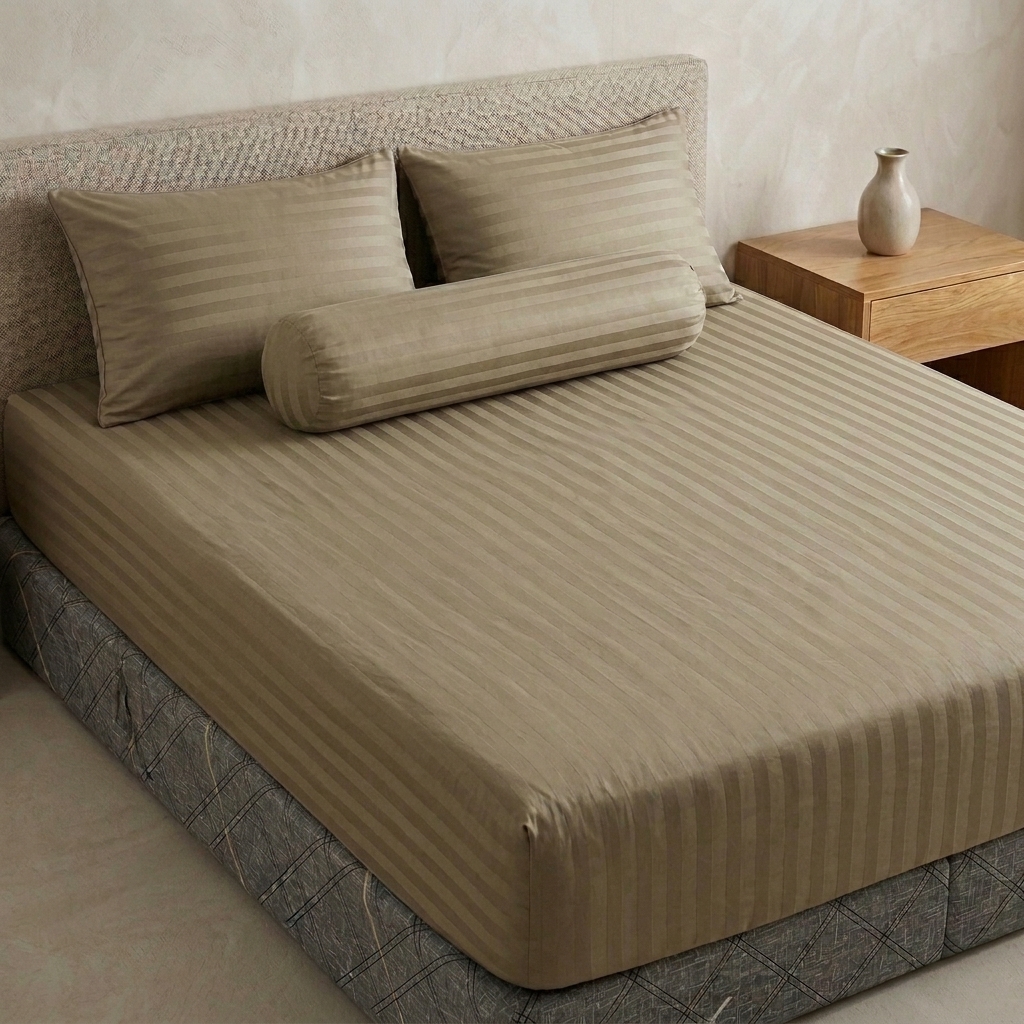 Bộ Drap Ga Gối Cotton Poly Cao Cấp Sọc Satin Sang Trọng - 3 Màu: Xám Đậm, Nâu Khaki, Xám Nhạt - Đầy Đủ Kích Thước